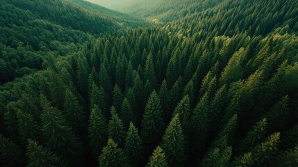 Aerial view of green pine and dark spruce trees blanketing the mountain hills, forming a dense forest landscape