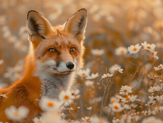 Fototapeta premium A Red Fox Standing Gracefully Among White Flowers in a Sunlit Meadow
