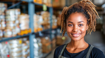 Naklejka premium A woman with a kind smile stands in a warehouse