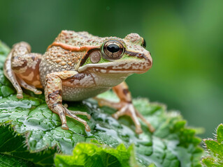 Fototapeta premium Rainy Day Adventure of a Colorful Frog Sitting on a Leaf in a Tropical Jungle