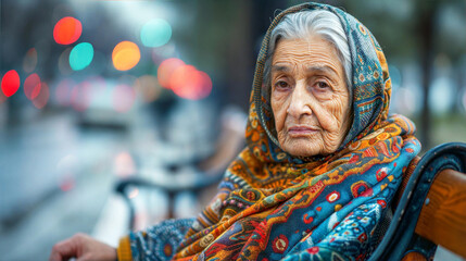Fototapeta premium An elderly woman wearing a colorful headscarf sits on a bench in a bustling city