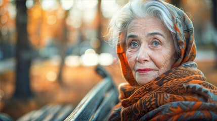 Fototapeta premium An elderly woman wrapped in a colorful scarf sits on a park bench during autumn