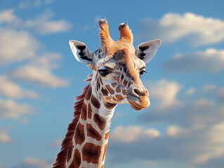 Majestic Giraffe Grazing Under a Bright Blue Sky With Fluffy White Clouds