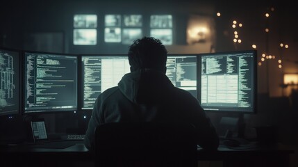 Fototapeta premium A lone hacker focuses on coding and data analysis in a dark environment, illuminated by glowing screens filled with complex text and programming