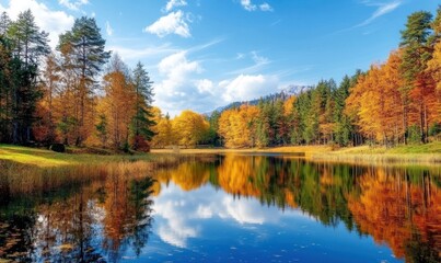 Fototapeta premium Fall Foliage Reflected in a Serene Mountain Lake