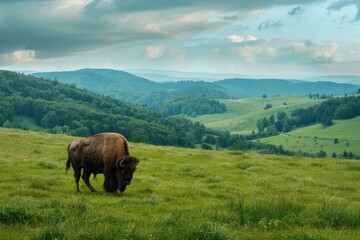 Naklejka premium A picturesque scene of a European bison grazing in a lush green field with a backdrop of rolling hills.