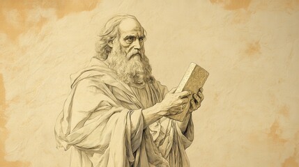 Fototapeta premium Biblical Illustration: Moses with Stone Tablets - Repentance and Prosperity in Deuteronomy - Bible Wall Art with Beige Background for Spiritual Decor