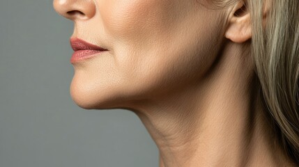 Obraz premium Close-up profile of a middle-aged woman highlighting lips and chin area, emphasizing double chin treatment, over a grey background