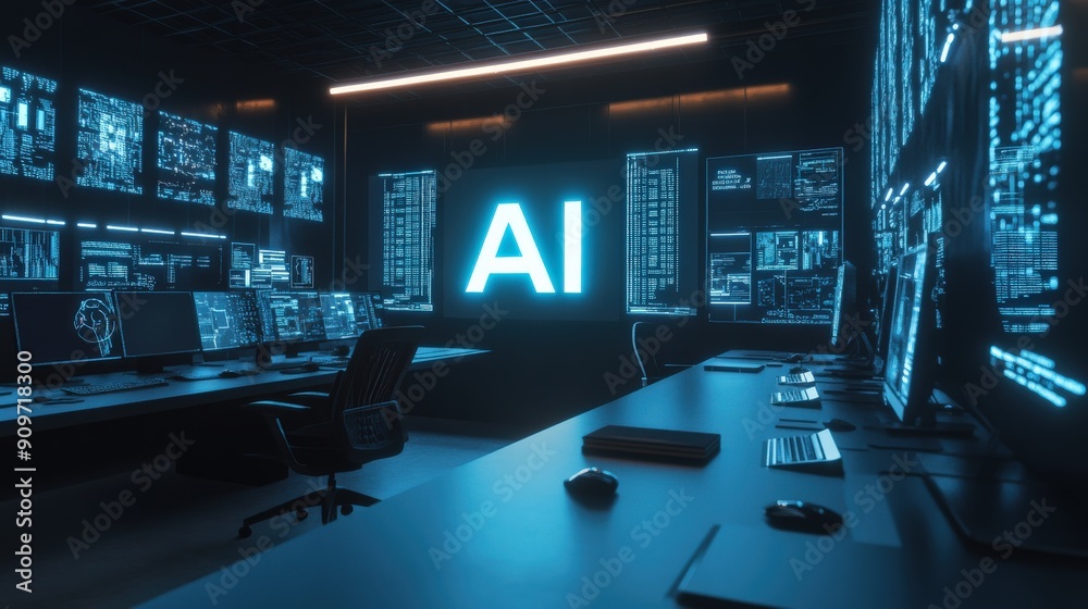 Poster a sleek office space showcases monitors displaying data and graphics related to artificial intellige