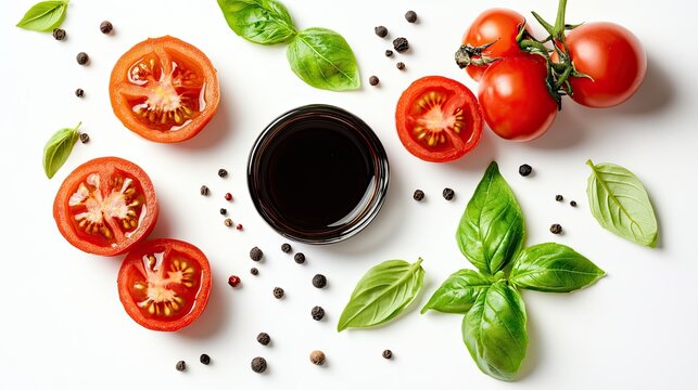 Delicious balsamic vinegar paired with cut tomatoes, basil leaves, and peppercorns, captured from above on a white background