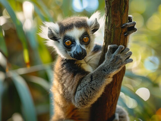 Obraz premium Curious Lemur Climbing a Tree in a Lush Tropical Forest During Daylight