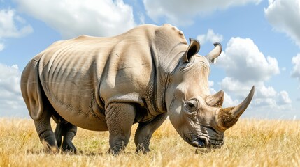 Fototapeta premium A majestic rhinoceros grazing peacefully in a vast grassy landscape under a bright blue sky with fluffy clouds.