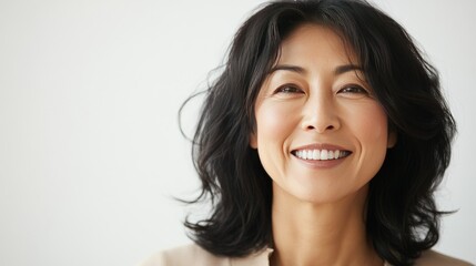 Fototapeta premium Happy middle-aged Japanese woman in her 30s or 40s, with a bright smile and a clean white background