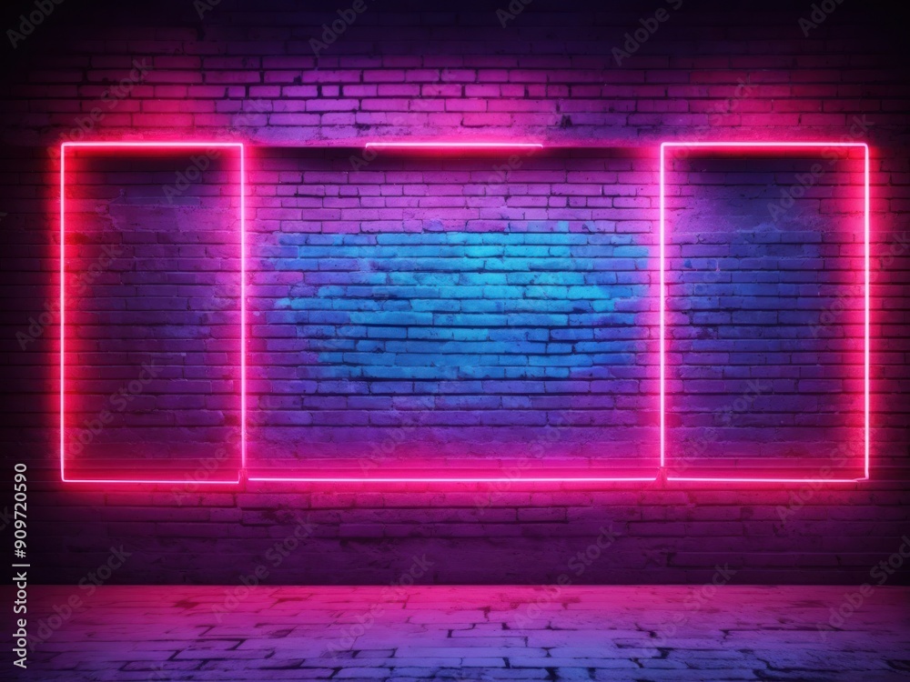 Poster Neon light on brick walls neon room background