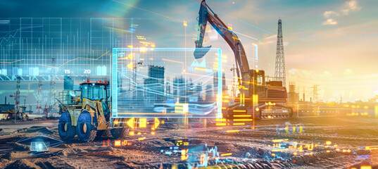 A construction site at sunset with an excavator and bulldozer in the foreground and digital screens displaying data and infographics overlaid on the scene