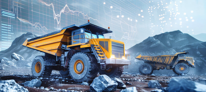 A mining dump truck moves through a rocky landscape, showcasing the future of construction with data overlays and dynamic graphs using digital twin tech - Powered by Adobe