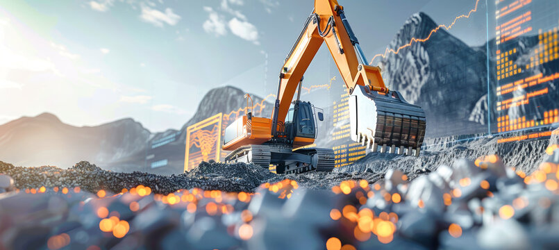 An excavator digs into a rocky terrain under a vibrant blue sky with clouds, and orange data visualizations overlay the scene
