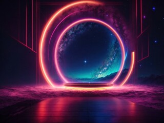 Neon portal to another world Space with stars background