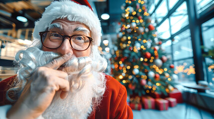 Santa Claus playfully gestures for silence in a festive office, surrounded by twinkling lights and a decorated Christmas tree, spreading holiday cheer