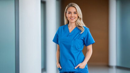Blonde female nurse doctor in the blue scrub suit medical uniform, hospital background