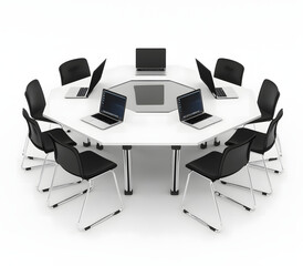 3d rendering of white table with black chairs and laptops on it,workspace