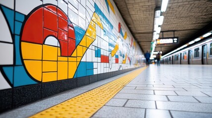 Colorful mosaic mural on subway station wall.