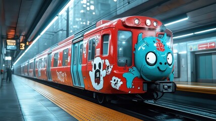 Obraz premium Whimsical subway train transformed into colorful creature.
