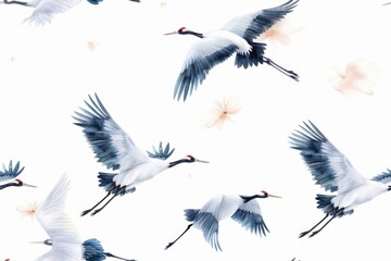 Fototapeta premium A seamless watercolor design capturing the elegance of cranes in flight