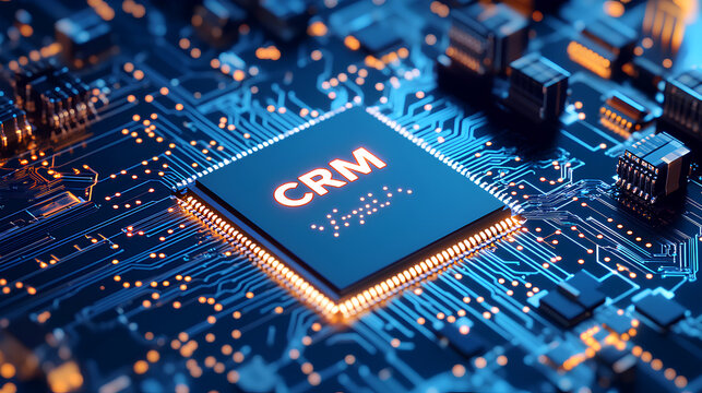 An illustration of a microchip on a circuit board with "CRM" stylized using customer icons and interaction symbols, representing the concept of Customer Relationship Managemen