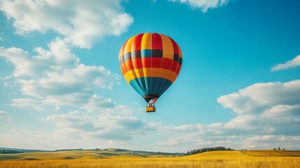 Fototapeta premium Colorful hot air balloon soaring over golden fields.