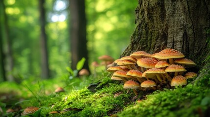 Vibrant spring forest with mushrooms growing by a tree, providing a natural setting with room for an inscription