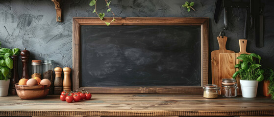 large blank chalkboard leaning against wall near wooden cutting board in rustic vintage farmhouse kitchen interior with wooden table and plants