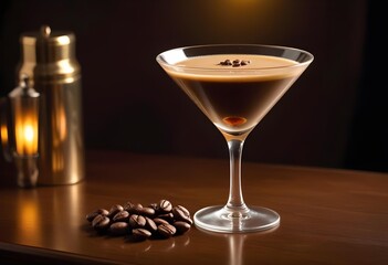  Coffee-flavored alcoholic drink served on a stone countertop in a restaurant or club, with scattered coffee beans on the surface.