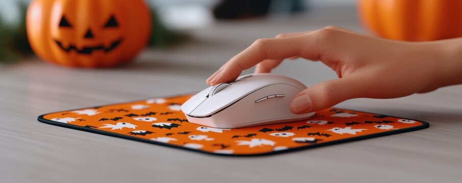 A festive Halloween-themed mouse pad with a white mouse, surrounded by pumpkins, perfect for seasonal workspace decoration.