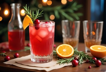 Fototapeta premium Winter cranberry cocktail with rosemary in a glass on a table, surrounded by holiday decorations.
