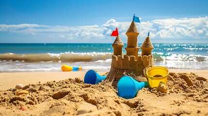 Children bucket and shovel castle of sand on the sand beach on a sunny day