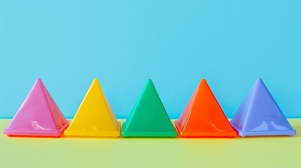 Children multi colored plastic toy pyramid lies in a row isolated on colorful background