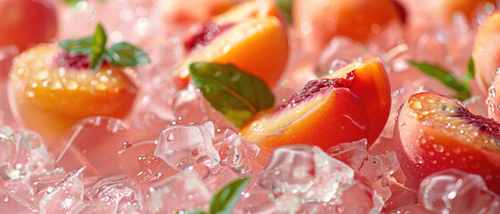 close-up of fresh Peach fruit with green leaves and ice cubes around it and water droplets dripping on the skin