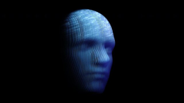 3D digital head with flowing glowing dots in brain. Abstract concept of artificial intelligence (AI), data science and analysis or deep learning. Looped 4K video of machine learning, black background
