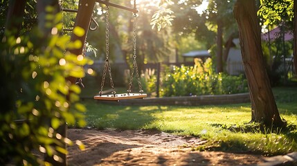 Children swing and toys on a children playground in a garden