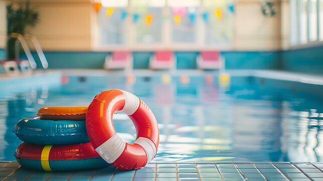 Children swimming equipment at a swimming pool side