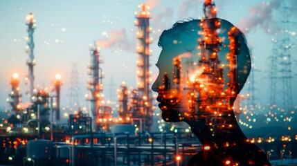 Naklejka premium Double exposure Technician or Engineer head, an oil, gas, and petrochemical refinery facility demonstrates the future of electricity and the engineer background.