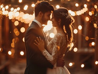 Elegant couple sharing a romantic dance under twinkling fairy lights in a rustic barn setting for a special pre wedding