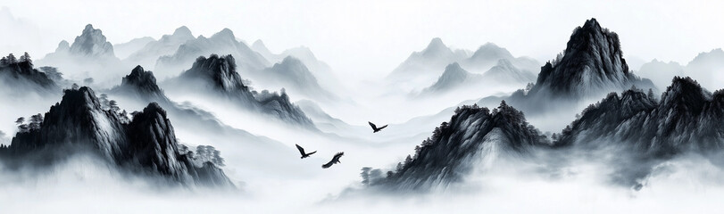 Ink painting in the style of Chinese style, with mountain peaks shrouded in clouds and mist, flying birds