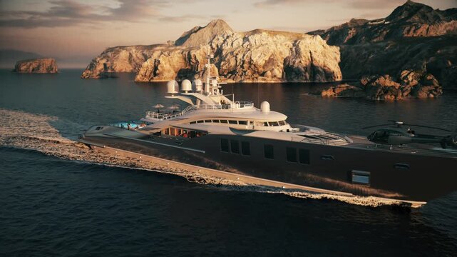 People are relaxing on a luxury yacht. Yacht cruising along coastline. Young people travel on a yacht