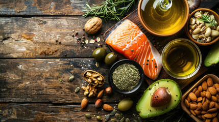 variety of healthy foods rich in good fats such as avocado, nuts, seeds, olive oil and fish are...