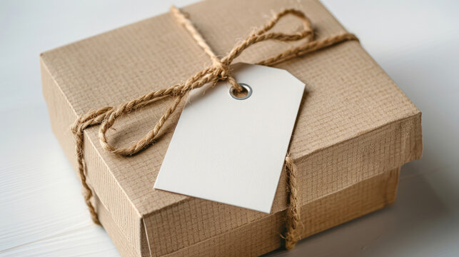 blank white paper label tag tied with string to plain brown box isolated on white background