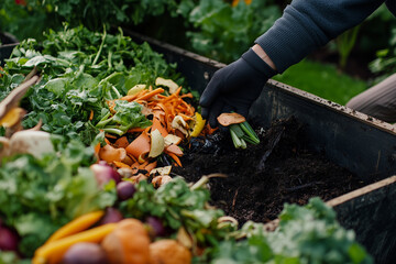 Compost bin in a lush garden preparing compost food waste