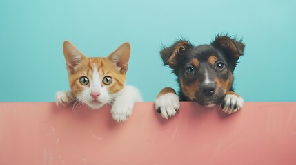 Common cute domestic animal pets hanging over a white horizontal website banner or social media cover isolated on colorful background