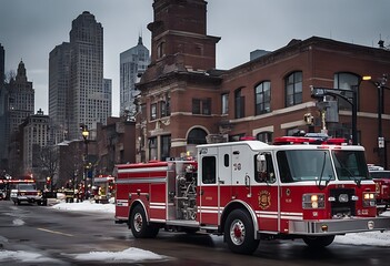Obraz premium fire chicago cfd emergency department responds engine call truck city red street night car road ladder company vehicle speed motion traffic rescue light